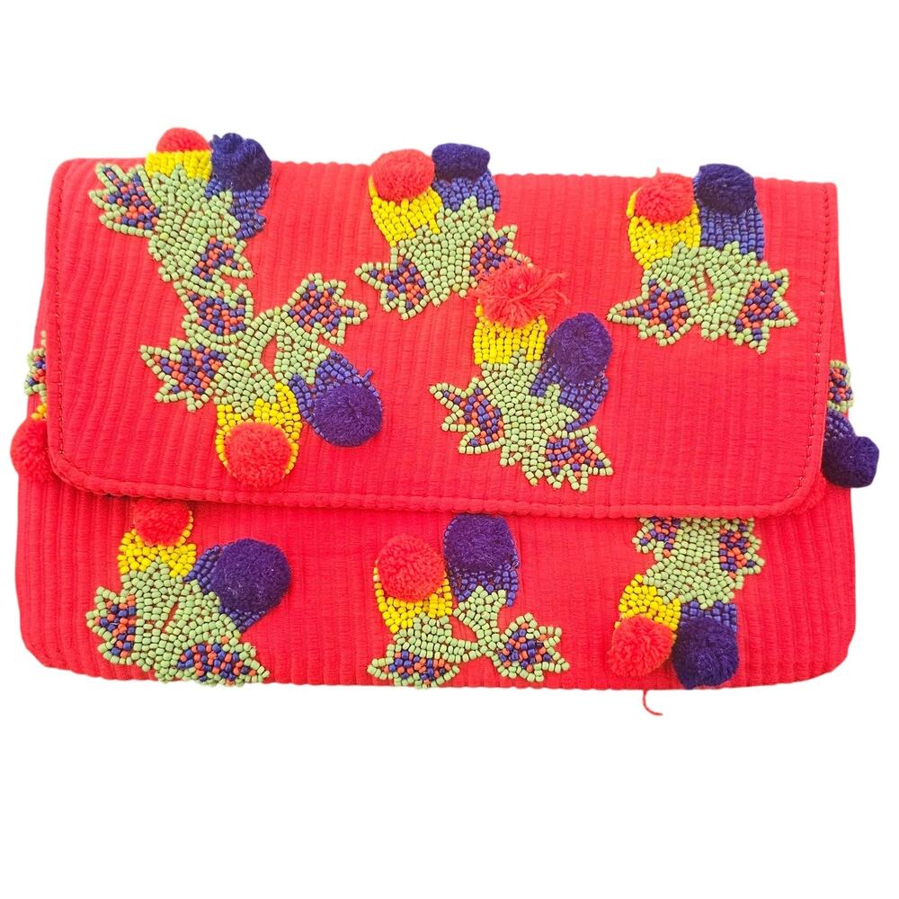 Spice Art Red Beaded Pom Pom Clutch Pouch Bag Womens Summer Boho